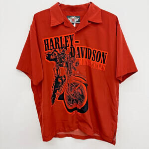 Harley Davidson Mens Med Button Up Dual Graphic Rust Orange Short Sleeve Shirt